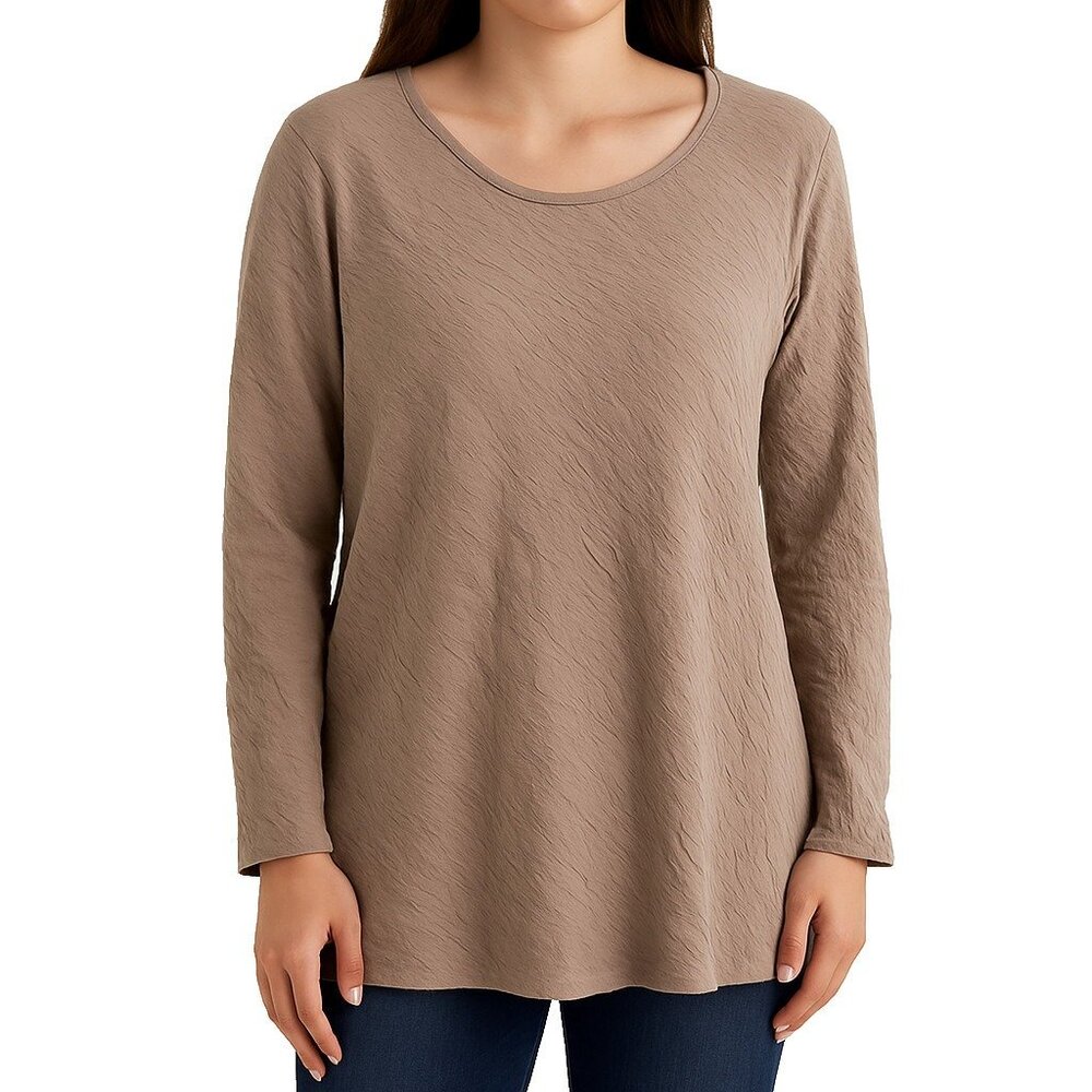Pure Jill Womens L Beige Textured Crinkle Cotton Long Sleeve Top Casual